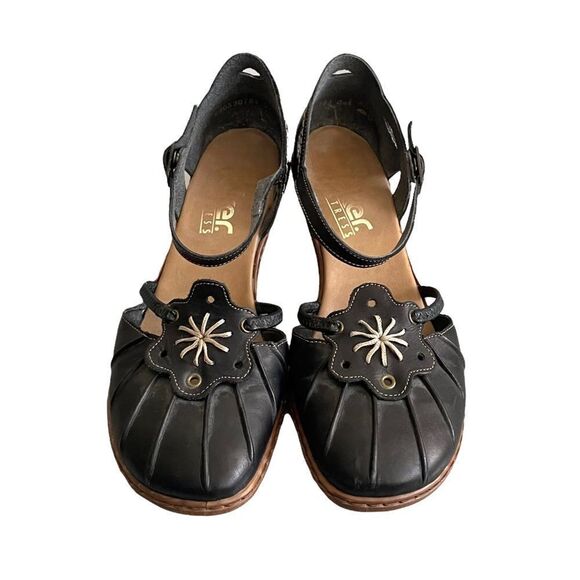 RIEKER Black Leather Mary Jane Style Sandals Shoes Ankle Strap Heel 38 - Picture 6 of 12